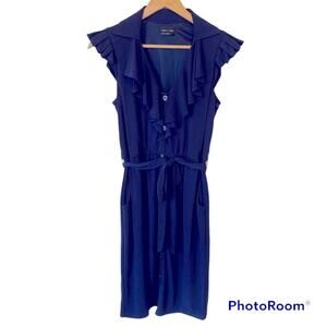 Max & Cleo Dress Women’s Size 4 Navy Ruffle Belted Button Down Midi Casual